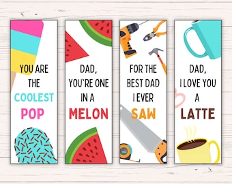 Cute Printable Father's Day Bookmarks with Puns - PDF Digital Instant Download - Printable Bookmarks for DIY Father's Day Gift for Dad