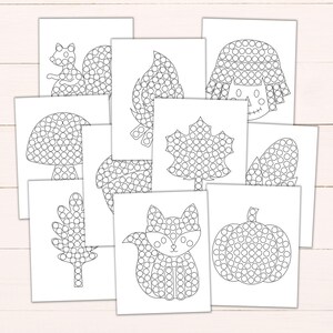 May include: A collection of ten white paper activity sheets featuring black line art designs composed of circular dots. The illustrations include a squirrel, campfire, scarecrow, mushroom, acorn, maple leaf, corn, oak leaf, fox, and pumpkin.