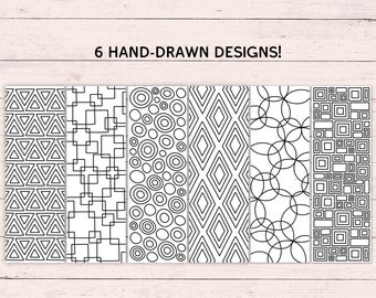 Printable Geometric Coloring Bookmarks - Set of 6 - PDF Instant Digital Download - Unique Hand-Drawn Bookmarks to Print & Color at Home