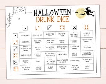 Può includere: Un tabellone di gioco di Halloween stampabile in bianco e nero con dadi arancioni e istruzioni per un gioco di bevute. Il tabellone ha un design a ragnatela e una strega che vola su una scopa con un pipistrello.