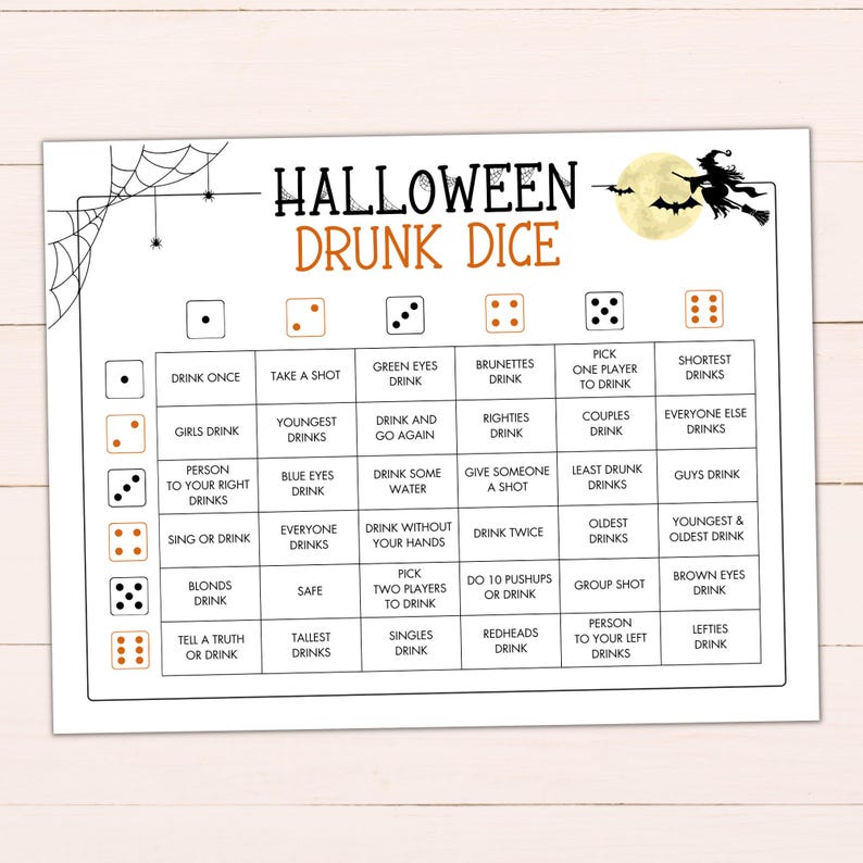 Printable Halloween Drunk Dice Game Drinking Game for Adults Halloween