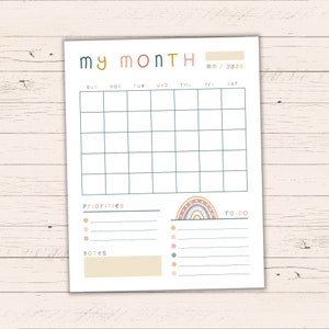 Planificador mensual Boho imprimible - Carta de EE. UU. + A4 - Descarga instantánea editable - PDF rellenable en blanco - Organizador del mes digital para la productividad
