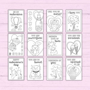 Valentinstag Malkarten - 12 handgezeichnete Designs - druckbare Valentinstagskarten zum Ausdrucken & Ausmalen - Sofortiger Download als PDF-Datei