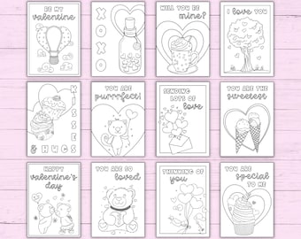 Valentine's Day Coloring Cards - 12 Hand-Drawn Designs - Printable Valentine's Day Cards to Print & Color - Instant Download PDF File