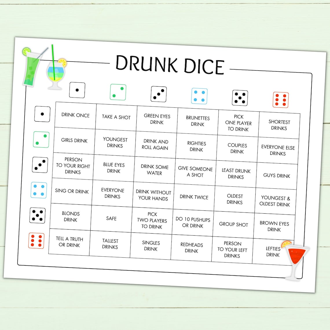 Printable Drunk Dice Game Drinking Game for Adults Alcohol Game