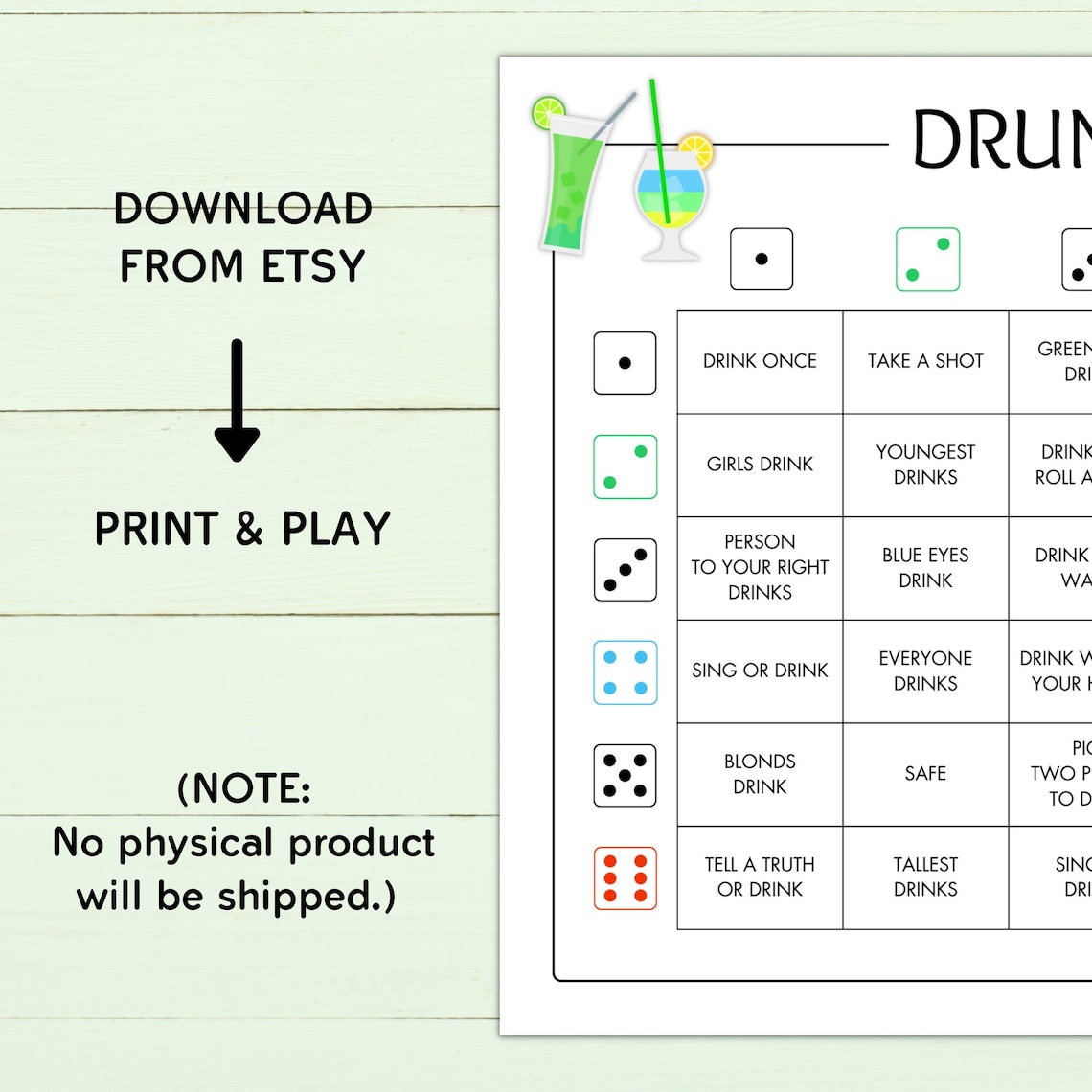 Printable Drunk Dice Game Drinking Game for Adults Alcohol Game