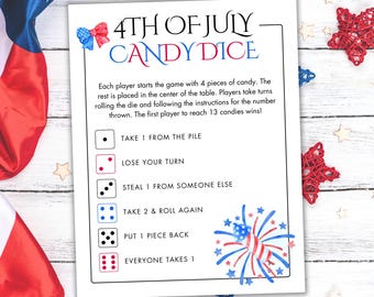Druckbares Süßigkeiten-Würfelspiel am 4. Juli - Party-Spiel am 4. Juli - Aktivität zum Unabhängigkeitstag für Kinder und Erwachsene