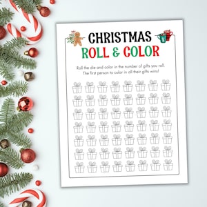 Könnte beinhalten: Ein druckbares Weihnachts-Spiel namens "Roll & Color" mit einer Illustration eines Lebkuchenmanns. Das Spiel beinhaltet das Werfen eines Würfels und das Ausmalen der entsprechenden Anzahl an Geschenkboxen. Die erste Person, die alle ihre Geschenke ausmalt, gewinnt.