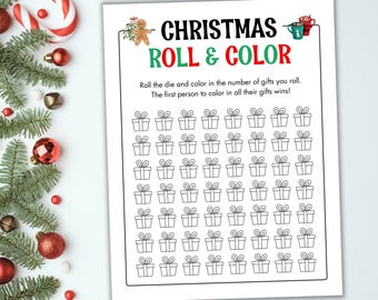 Printable Christmas Roll and Color Game - Christmas Party Game - Christmas Classroom Activity for Kids - Christmas Coloring Game