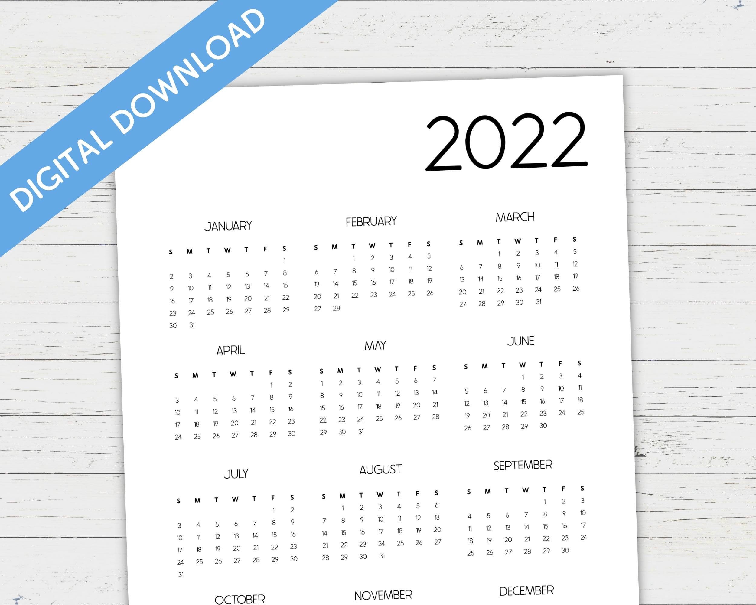 2022 printable yearly calendar large vertical full page etsy