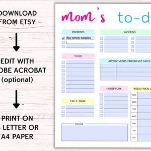 Printable Mom To-do List US Letter A4 Editable Instant - Etsy Australia