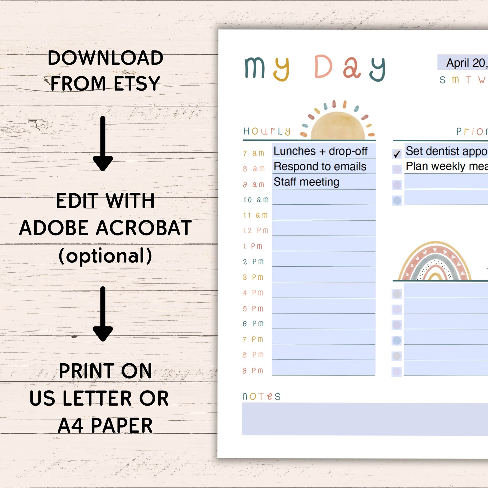 Printable Boho Daily Planner - US Letter + A4 - Editable Instant ...