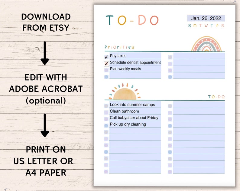 Printable Boho To-do List US Letter A4 Editable Instant - Etsy