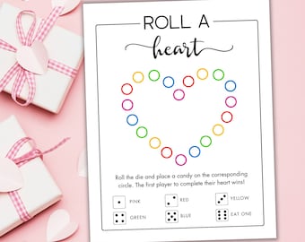 Valentine Roll a Heart Game - Heart Candy Dice Game - Classroom Valentine Party Activity - Printable Valentine's Day Game for Kids