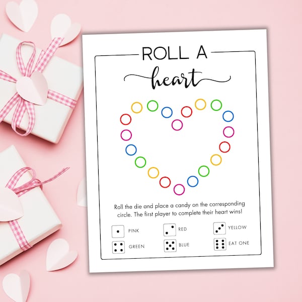 Valentine Roll a Heart Game - Heart Candy Dice Game - Classroom Valentine Party Activity - Printable Valentine's Day Game for Kids