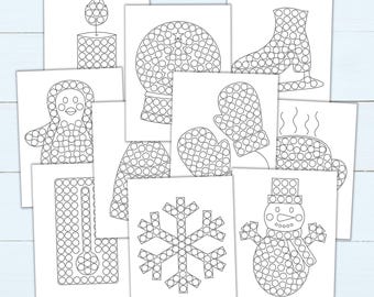 Winter Dot Marker Coloring Pages - Dot Marker Worksheets - Preschool Fine Motor Sheets - Winter Dot Sticker Art - Printable Activity Pages