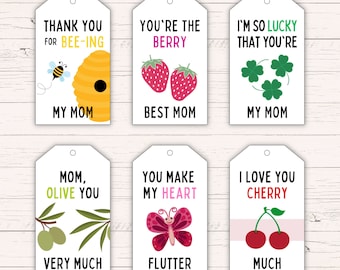 Lindo paquete de etiquetas de regalo imprimibles para el Día de la Madre con juegos de palabras - Descarga instantánea digital en PDF - Etiquetas de regalo imprimibles para regalo del Día de la Madre DIY para mamá