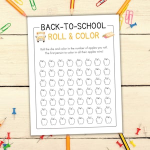 May include: A printable back-to-school game for kids. The game features a school bus illustration and instructions to roll a die and color in the corresponding number of apples. The first person to color in all their apples wins.