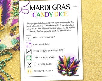 Printable Mardi Gras Candy Dice Game - Mardi Gras Party Game - Mardi Gras Activity for Kids - Pass the Candy Game - Mardi Gras Candy Game