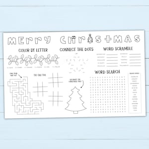 Printable Christmas Activity Placemat for Kids - 3 Sizes - Activity Sheet Instant Download - Coloring Placemat for Home & Christmas Parties