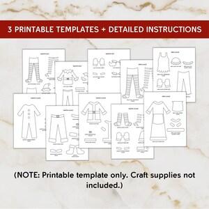 K&ouml;nnte beinhalten: Druckbare Papierpuppenvorlagen f&uuml;r den Weihnachtsmann, Frau Claus und einen Elf. Die Vorlagen enthalten Umrisse der Kleidung und Accessoires der Figuren, wie H&uuml;te, Stiefel und Handschuhe. Der Text "3 druckbare Vorlagen + detaillierte Anweisungen" befindet sich oben im Bild.