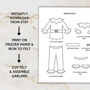 K&ouml;nnte beinhalten: Druckbare Vorlage f&uuml;r eine Weihnachtsmann-Elfen-Filz-Girlande. Die Vorlage enth&auml;lt den Mantel, die Hose, den G&uuml;rtel und die Akzente des Elfen. Die Anleitung schl&auml;gt vor, auf Gefrierpapier zu drucken und auf Filz zu b&uuml;geln.