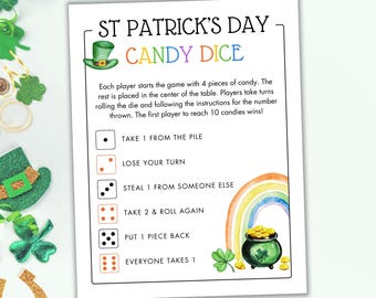 Printable St Patrick's Day Candy Dice Game - St Patty's Party Game - St Patrick's Day Activity for Kids - Pass the Candy Game