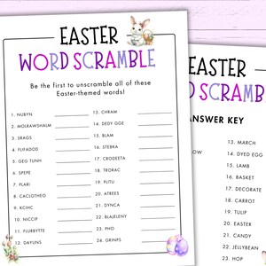 May include: A printable Easter word scramble game with a pink and purple color scheme. The game features 24 scrambled words related to Easter, such as "CHRAM", "DEDY GGE", and "STEBKA". An answer key is included on the right side of the page.