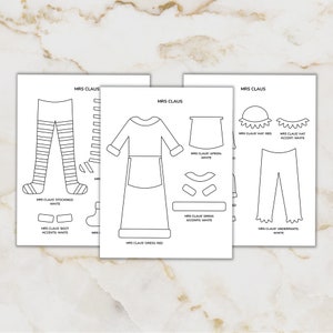 K&ouml;nnte beinhalten: Ein ausdruckbares Papierpuppen-Bastelset f&uuml;r Kinder zum Ausmalen und Ausschneiden. Das Set enth&auml;lt eine Mrs. Claus-Puppe mit verschiedenen Outfits, darunter ein Kleid, eine Sch&uuml;rze, einen Hut, Str&uuml;mpfe und Unterw&auml;sche. Der Text auf der Seite lautet "Mrs. Claus".