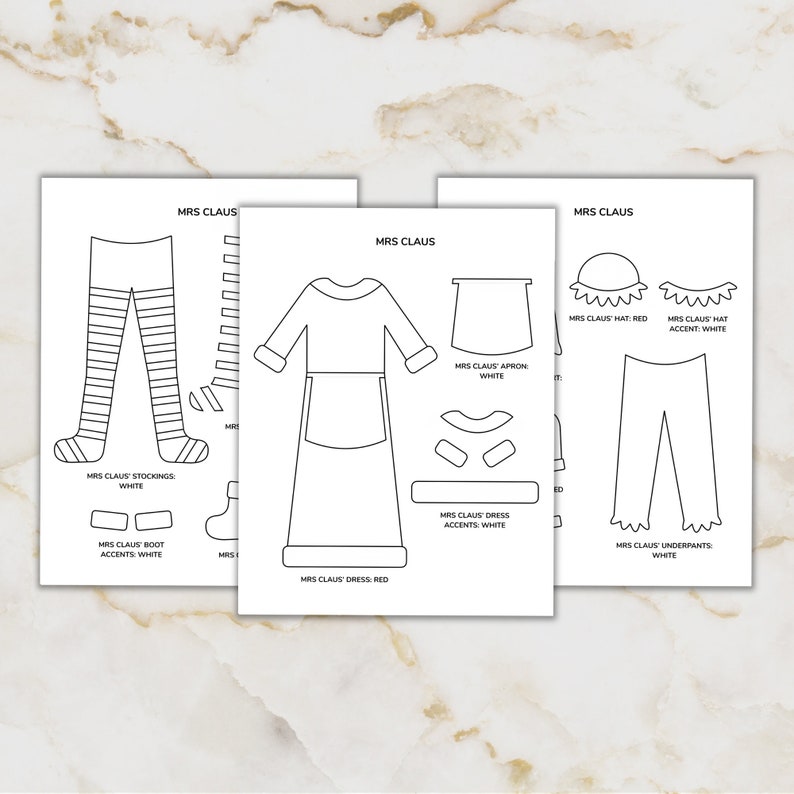 K&ouml;nnte beinhalten: Ein ausdruckbares Papierpuppen-Bastelset f&uuml;r Kinder zum Ausmalen und Ausschneiden. Das Set enth&auml;lt eine Mrs. Claus-Puppe mit verschiedenen Outfits, darunter ein Kleid, eine Sch&uuml;rze, einen Hut, Str&uuml;mpfe und Unterw&auml;sche. Der Text auf der Seite lautet "Mrs. Claus".
