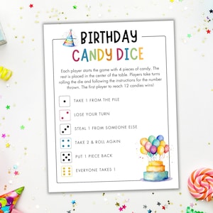 Puede incluir: Una tarjeta de juego imprimible para un juego de fiesta de cumpleaños llamado "Candy Dice". La tarjeta tiene instrucciones para el juego y una ilustración colorida de un pastel de cumpleaños con globos.