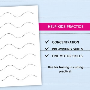 May include: A printable worksheet with dotted wavy lines for tracing. The worksheet is designed to help kids practice concentration, pre-writing skills, and fine motor skills. The text "HELP KIDS PRACTICE" is at the top of the page. The text "Use for tracing + cutting practice!" is at the bottom of the page.