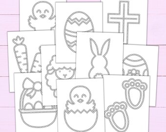 Op de afbeelding: Een set van tien printbare paas-thema dot-to-dot activiteitenbladen. Elk blad heeft een ander paassymbool, zoals een konijn, kuiken, ei, kruis en wortel. De bladen zijn ontworpen voor kinderen om de stippen te verbinden en de afbeeldingen te maken.