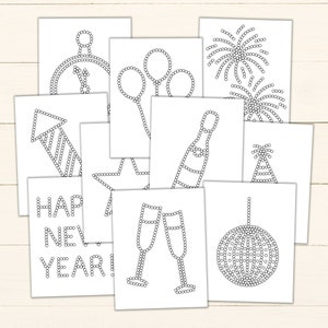 New Years Q-Tip Tracing Sheets - Printable Preschool Worksheets for Fine Motor Practice - New Years Eve Q-Tip Painting Templates