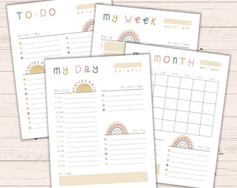 Printable Boho Daily + Weekly + Monthly Planner Page Bundle with Bonus To-Do List - Instant Download - Blank Fillable PDF - Productivity