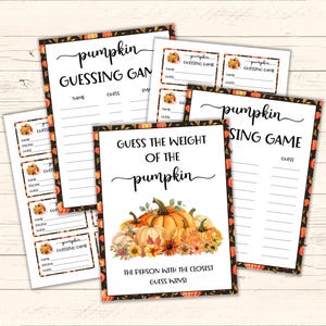 May include: Printable pumpkin themed game cards with a black and white background. The cards feature a pumpkin illustration and the text "Guess the Weight of the Pumpkin" and "Pumpkin Sing Game".