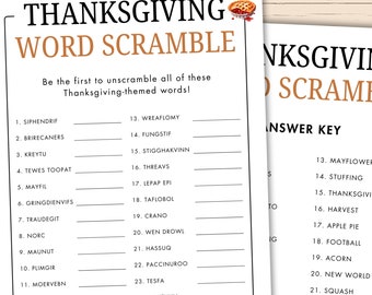 Thanksgiving Word Scramble - Printable Thanksgiving Activity - Thanksgiving Party Game - Word Jumble - Thanksgiving Unscramble Game