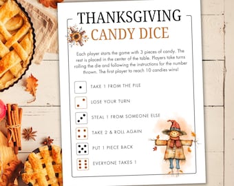 Printable Thanksgiving Candy Dice Game - Thanksgiving Party Game - Thanksgiving Activity - Pass the Candy Game - Thanksgiving Candy Game