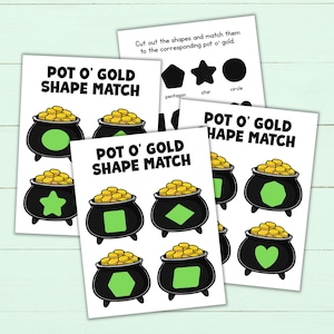 May include: A collection of white cards with the text "POT O' GOLD SHAPE MATCH" and illustrations of black pots filled with gold coins. Each pot has a different green shape. A separate card shows shapes to match.
