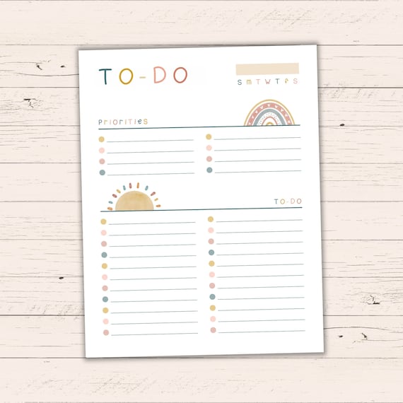Printable Boho To-Do List - US Letter + A4 - Editable Instant Download - Blank Fillable PDF - Digital Daily Organizer for Productivity