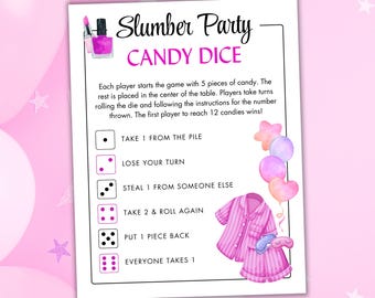 Printable Slumber Party Candy Dice Game - Birthday Party Game - Slumber Party Activity - Pass the Candy Game - Pyjama Party Candy Game