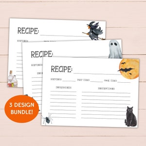 Halloween-Rezeptkarten-Bundle zum ausdrucken - Bearbeitbare Rezeptkartenvorlage - 4 x 6 Zoll und 5 x 7 Zoll - Blanko ausfüllbares PDF - Doppelseitig - Sofort Download