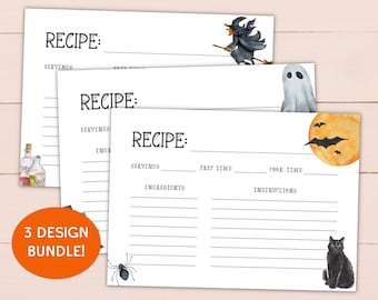 Printable Halloween Recipe Card Bundle - Editable Recipe Card Template - 4x6&quot; & 5x7&quot; - Blank Fillable PDF - Double-sided - Instant Download
