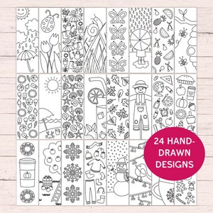 Bundle of 24 Coloring Bookmarks -  Spring + Summer + Fall + Winter - PDF Instant Digital Download - Hand-Drawn Bookmarks to Print & Color