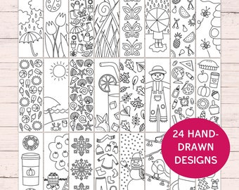 Bundle of 24 Coloring Bookmarks -  Spring + Summer + Fall + Winter - PDF Instant Digital Download - Hand-Drawn Bookmarks to Print & Color