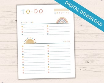 Printable Boho To-Do List - US Letter + A4 - Editable Instant Download - Blank Fillable PDF - Digital Daily Organizer for Productivity