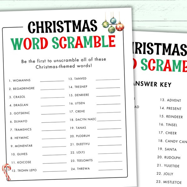 Christmas Word Scramble - Printable Holiday Activity - Christmas Party Game for Kids & Adults - Word Jumble - Christmas Unscramble Game