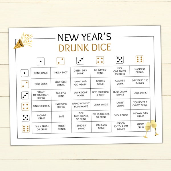 Printable New Years Eve Drunk Dice Game - Drinking Game for Adults - NYE Alcohol Game - Printable Party Game - New Years Eve Dice Board Game