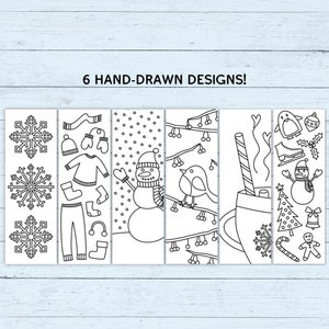 Printable Winter Coloring Bookmarks - Set of 6 - PDF Instant Digital Download - Unique Hand-Drawn Bookmarks to Print & Color at Home