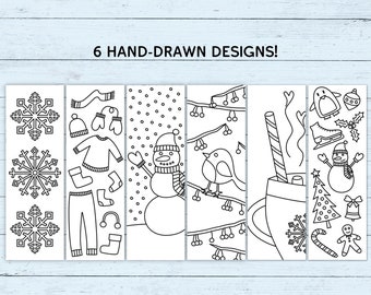 Printable Winter Coloring Bookmarks - Set of 6 - PDF Instant Digital Download - Unique Hand-Drawn Bookmarks to Print & Color at Home